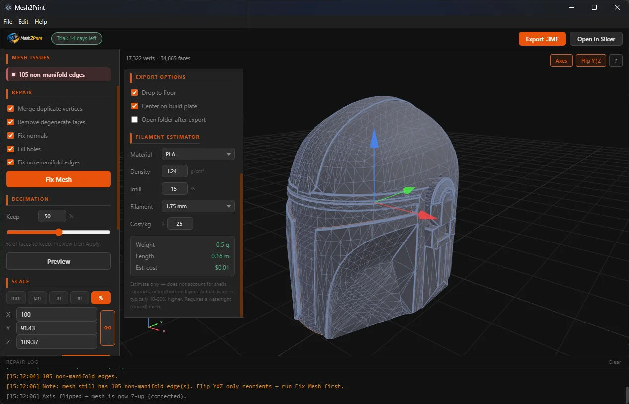 Mesh2Print app screenshot - 3D mesh repair and export interface